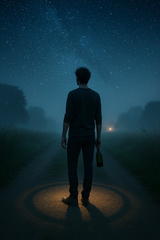 Eine männliche Gestalt steht auf einem Feldweg, in der rechten Hand eine Weinflasche. Am Himmel stehen die Sterne. Erstellt mit ChatGPT.