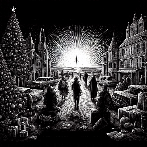 Weihnachtsbäume am linken Rand, ein Marktstand rechts an der Straße. Ein Licht über dem Meer am Horizont. Erstellt mit Microsoft Designer.