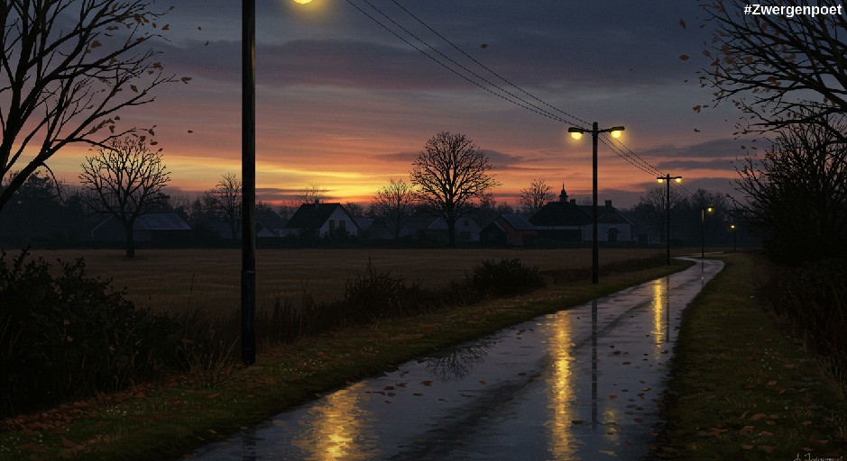 Abenddämmerung im späten Herbst. Auf den Wiesen und am Straßenrand liegt Laub, die Wege glänzen feucht im Licht zweier Straßenlaternen. Erstellt mit Craiyon.
