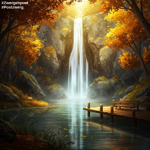 Aus dem herbstlichen Wald ragt eine Felswand, von der ein Wasserfall etwa zehn Meter in die Tiefe stürzt und einen kleinen See bildet, an dem sich eine hölzerne Aussichtsplattform mit Bänken befindet. Erstellt mit Craiyon.