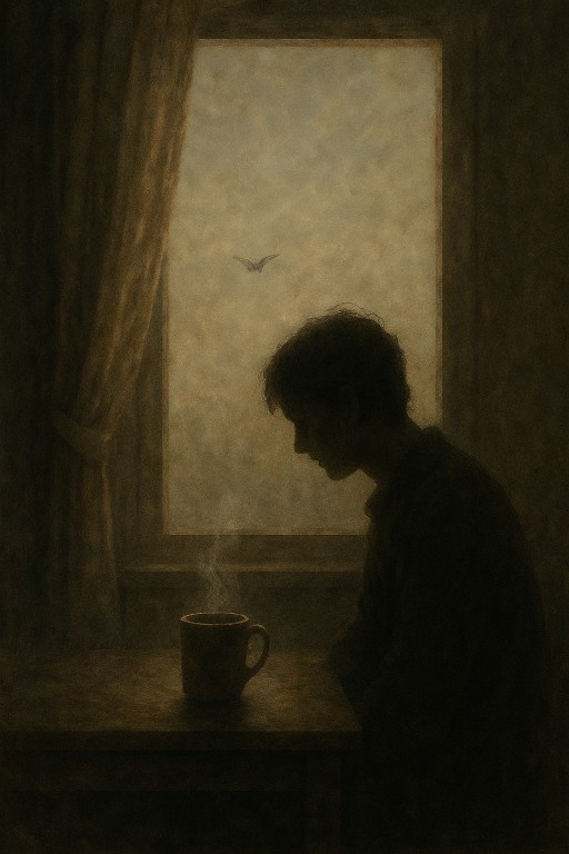Trüb schimmert der junge Tag durch das Fenster. Davor sitzt eine Person am Tisch, auf dem eine dampfende Tasse steht. Erstellt mit ChatGPT.