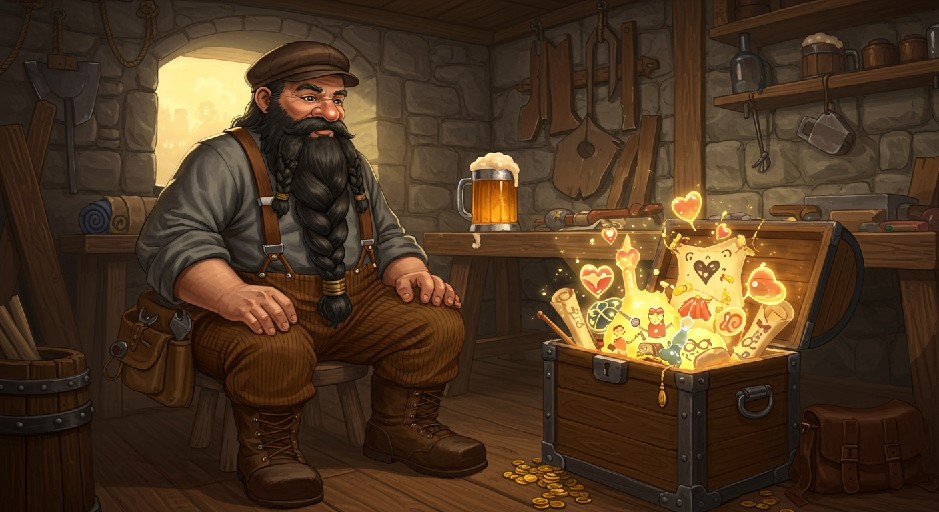 Eine gemütliche Szene in einer Zwergenwerkstatt. Ein Zwerg sitzt auf einem kleinen Holzhocker. Vor ihm steht eine offene Holztruhe. In der Truhe befinden sich seine immateriellen Schätze. Ein Krug Bier steht auf dem Tisch. Erstellt mit Craiyon.