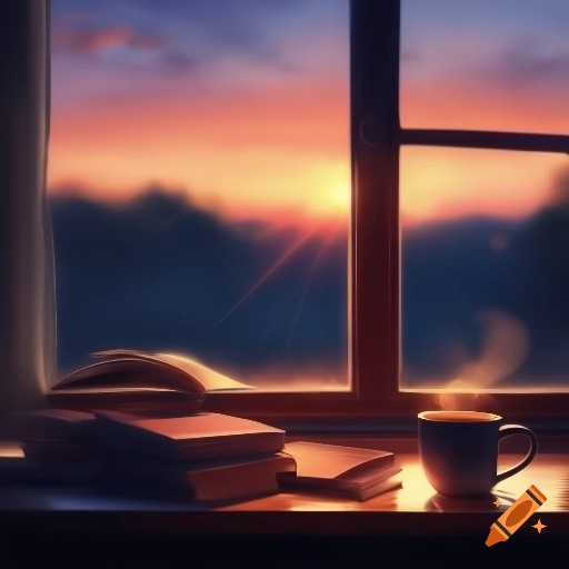 Ein gemütlicher Abend, der den gelungenen Tag symbolisiert: warmes Zimmer mit weichem Licht, Bücher auf einem Tisch, daneben eine dampfende Tasse Tee. Durch ein offenes Fenster ist ein Sonnenuntergang zu sehen. Erstellt mit Craiyon.