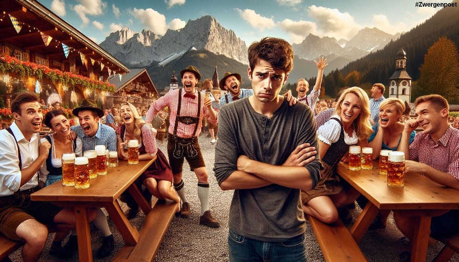 Bayrische Feierlichkeiten vor einem Bergpanorama. Vorn im Bild steht ein junger Mann, dem das gar nicht gefällt. Erstellt mit Microsoft Designer.