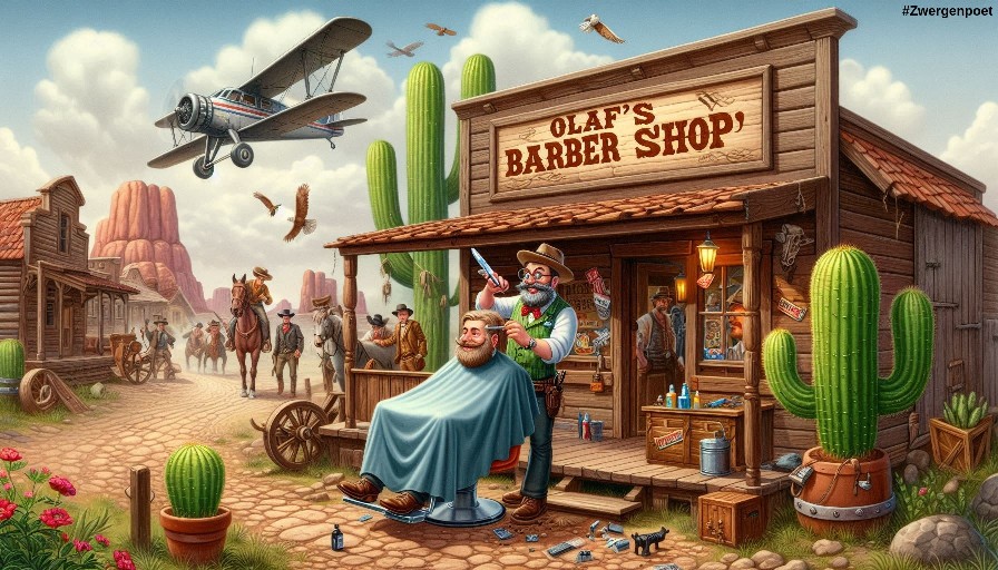 Ein satirische-humorvolles Wildwest-Szenario. Vor einem kleinen, staubigen Barbershop steht ein fröhlicher Mann und schneidet einem Kunden die Haare. Erstellt mit Microsoft Designer.