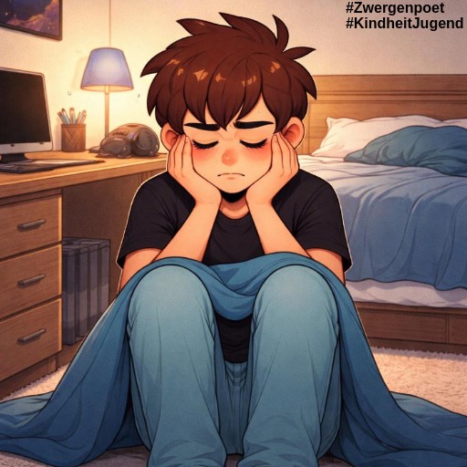 Ein trauriger Junge mit braunem Haar in dunklem T-Shirt und Jeans und einer blauen Decke. Erstellt mit Microsoft Designer.