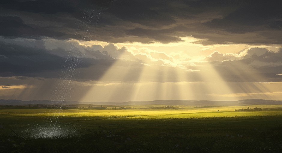 Ein Landschaftsbild. Die Sonne bricht durch dunkle Wolken, ein letzter Regenschauer geht nieder. Erstellt mit Craiyon.