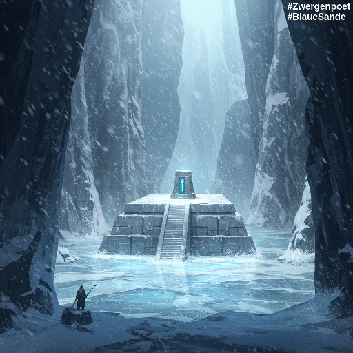In der Mitte einer großen Eisfläche steht eine graue Stufenpyramide. Die Eisfläche wird von einer hohen, unüberwindbaren Felswand aus dunklem Gestein vollständig umschlossen.