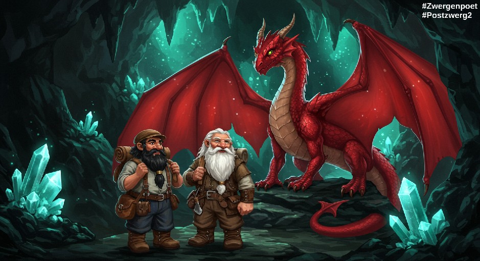 Zwei Zwerge und ein roter Drache in einer leuchtenden Kristallhöhle. Erstellt mit Craiyon.