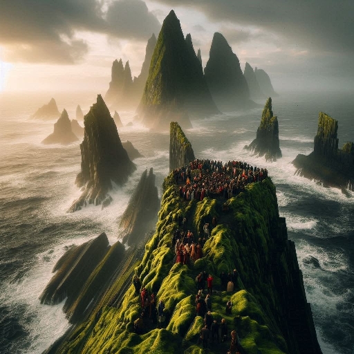 Viele Personen haben sich auf einem moosbewachsenen Felsen versammelt. Die Sonne bricht durch die Wolken. Erstellt mir Microsoft Designer.