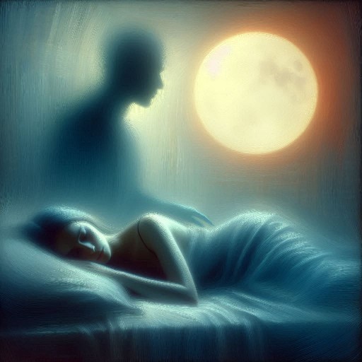 Bei Vollmond liegt eine Frau schlafend im Bett. Bei ihr sieht man eine männliche Silhouette sitzen. Erstellt mit Microsoft Designer..