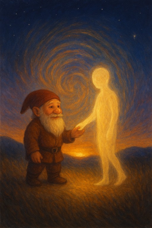 Ein Zwerg mit weißem Bart und Zipfelmütze reicht einer humanoiden Lichtgestalt die Hand. Erstellt mit ChatGPT.