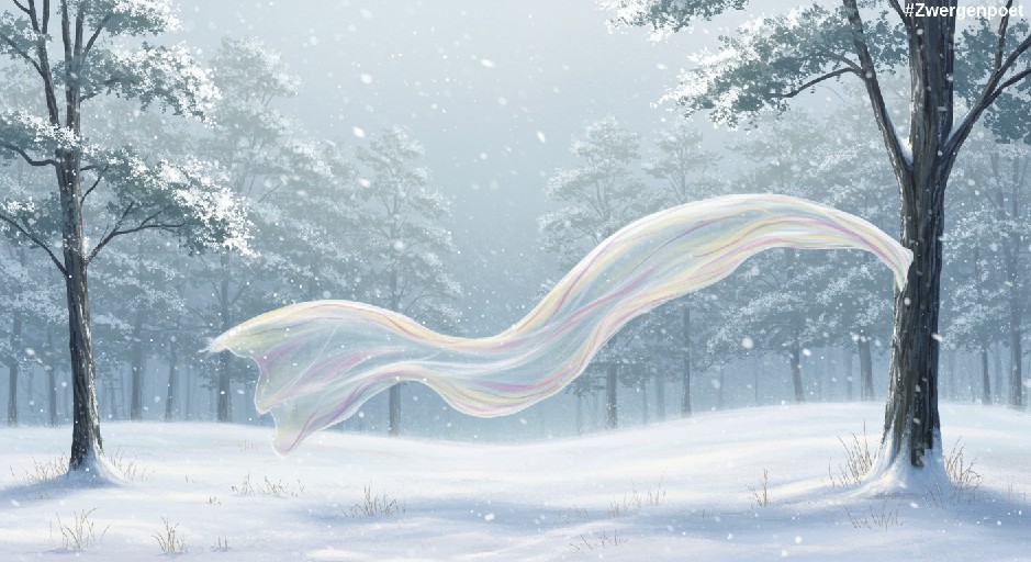 Winterliche Landschaft mit kahlen Bäumen. Ein zartes, fast transparentes Tuch wird vom Wind getragen. Erstellt mit Craiyon.