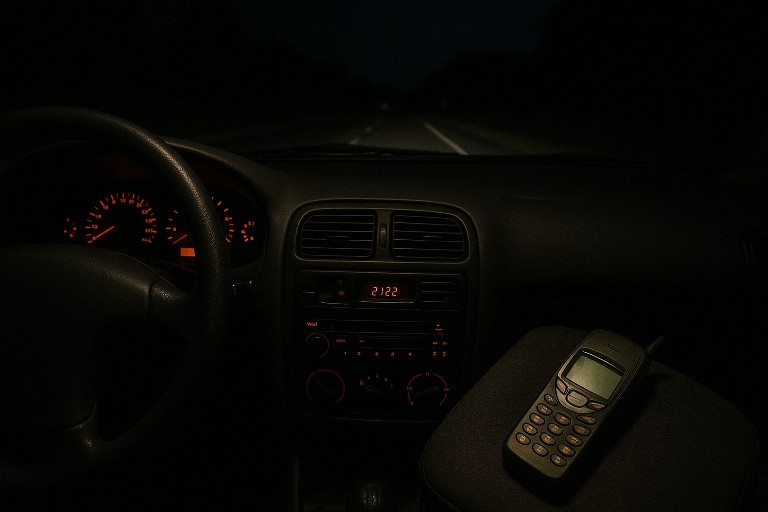 Das Cockpit eines Autos während einer Fahrt im Dunkeln. Auf dem Beifahrersitz liegt ein typisches Mobiltelefon der Jahrtausendwende. Erstellt mit ChatGPT.