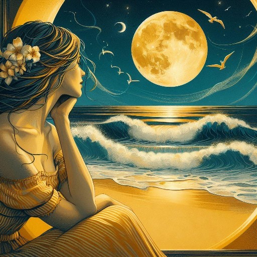 Ein Frau im Sommerkleid sitzt am Meer. Erstellt mit Microsoft Designer.