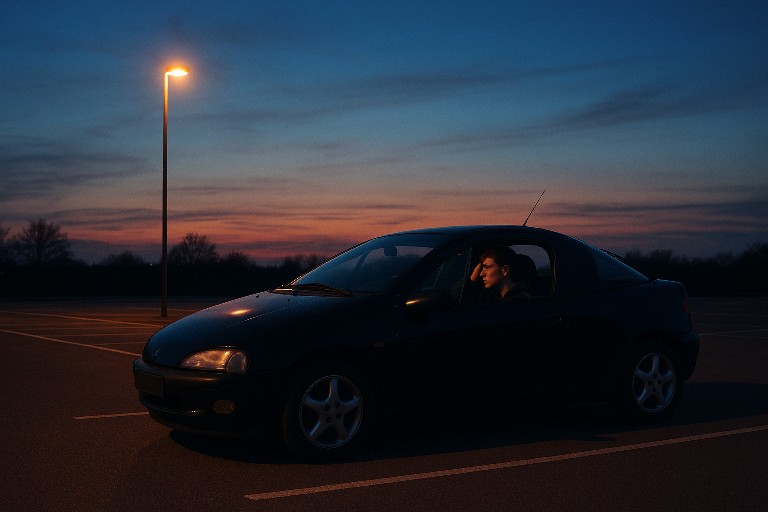 Ein junger Mann sitzt auf einem verlassenen Parkplatz während der Abenddämmerung in seinem schwarzen Auto. Erstellt mit ChatGPT.