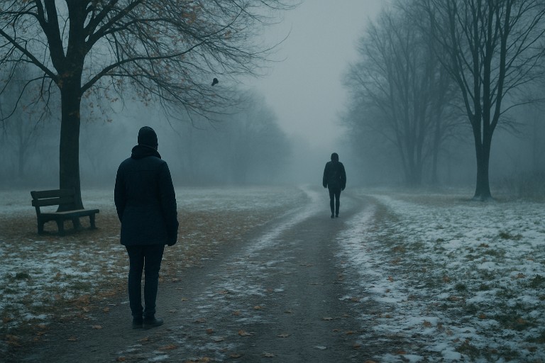Ein winterlicher Feldweg. Eine Person bleibt stehen, eine andere geht weiter. Erstellt mit ChatGPT.