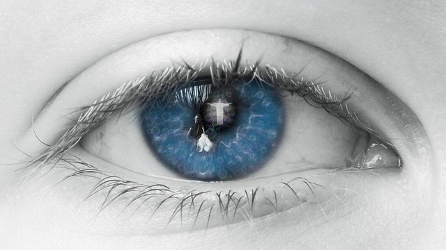 Nahaufnahme eines Auges in Schwarz-weiß, die Iris ist aber blau. (CC0-Lizenz)