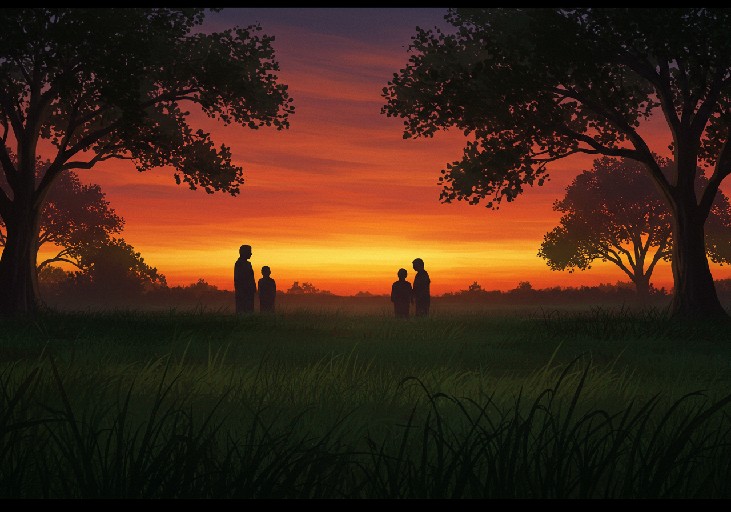 Eine ruhige, friedliche Landschaft bei sanftem Sonnenuntergang mit Gras, alten Bäumen und langen Schatten. Eine Gruppe Menschen im Mittelpunkt. Erstellt mit Craiyon.