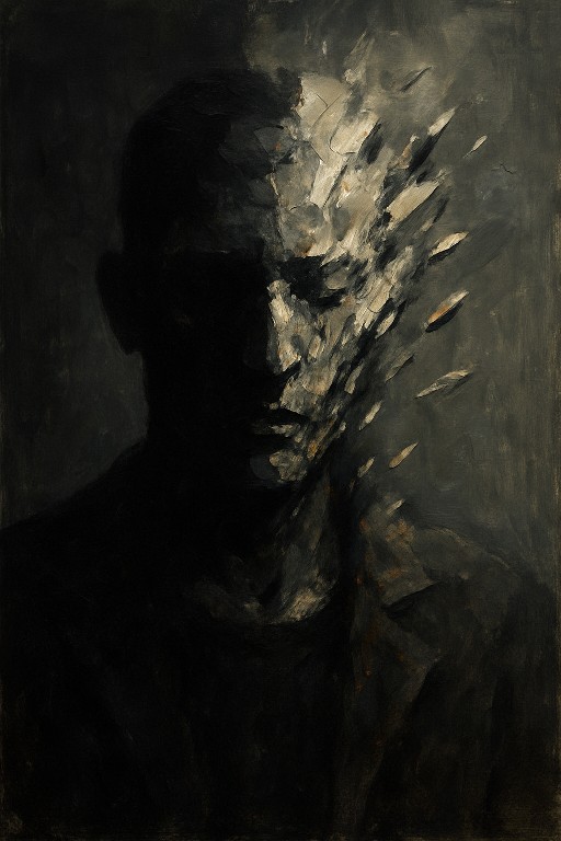 Ein expressionistisches Portrait. Eine Gesichtshälfte liegt im Schatten, die andere im trüben Licht. Das Antlitz löst sich in Splitter auf. Der Hintergrund ist dunkelgrau. Erstellt mit ChatGPT.