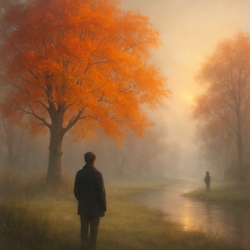 Neblige Flussaue im Herbst, die alten Bäume tragen noch buntes Laub, das durch den trüben Dunst scheint, durch den die Morgensonne zögerlich bricht. Erstellt mit ChatGPT.