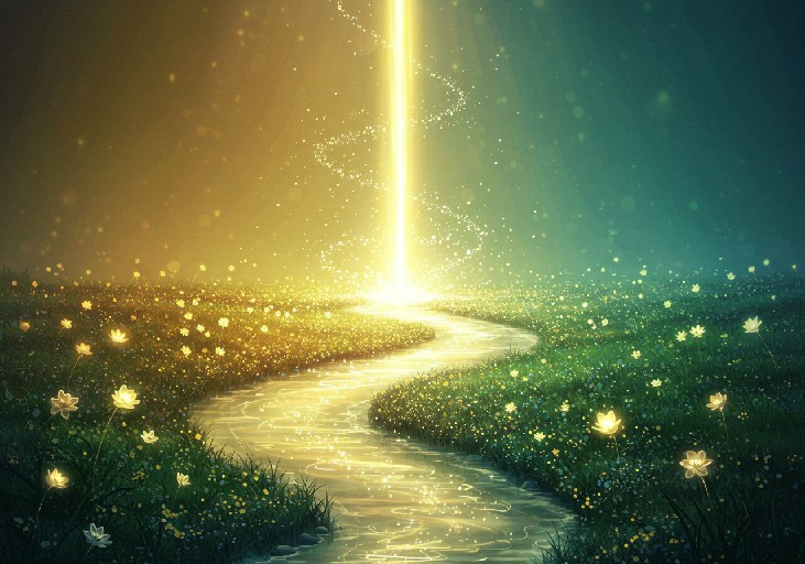 Ein schmaler Fluss schlängelt sich durch eine Wiese mit hell leuchtenden Blumen. Am Horizont ragt eine Säule aus Licht in den Himmel. Erstellt mit Craiyon.