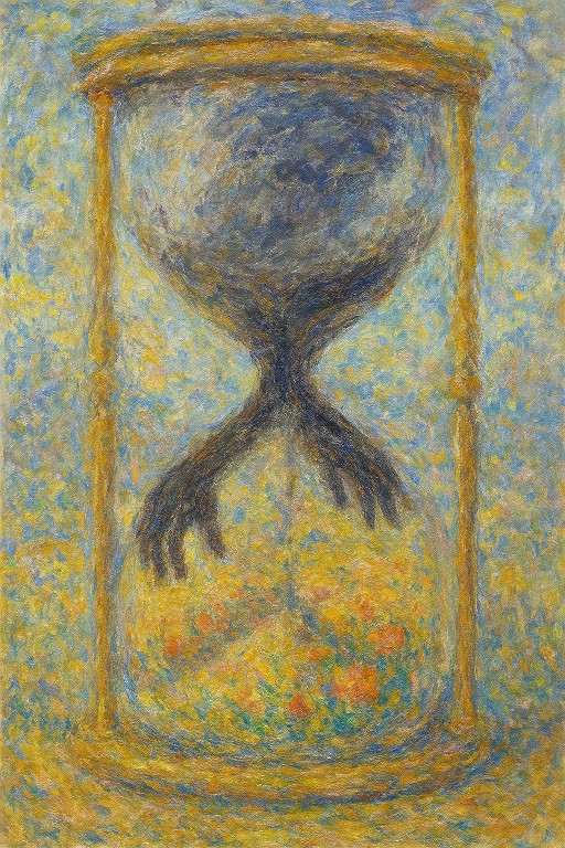 Eine Sanduhr im Stil Claude Monets, die oben dunkel und unten hell dargestellt ist. Erstellt mit ChatGPT.