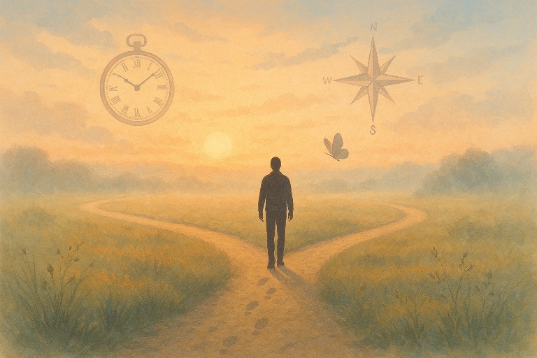 Eine Weggabelung in der Morgensonne. Symbolisch beschreiben eine Taschenuhr und eine Windrose die Richtung der Wege. Erstellt mit ChatGPT.