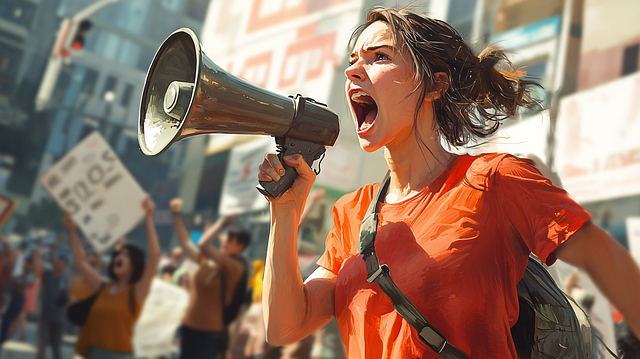 Aufruf zum Protest durch eine junge Frau mit einem Megafon. Bild von Tyli Jura auf Pixabay.