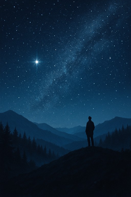 Sternenhimmel in einer bergigen, bewaldeten Landschaft vor. Der Mond ist nicht zu sehen, nur die Silhouette eines Mannes ist auf einem Hügel auszumachen. Erstellt mit ChatGPT.