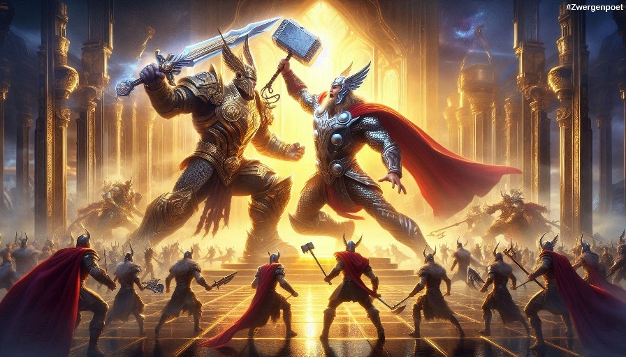 Ein mächtiger, gepanzerter König, steht mit im Kampf dem Gott Thor auf einem leuchtenden Platz vor den majestätischen Hallen Walhallas gegenüber. Erstellt mit Microsoft Designer.