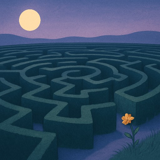 Ein Heckenlabyrinth im Schein des Vollmonds. Erstellt mit ChatGPT.