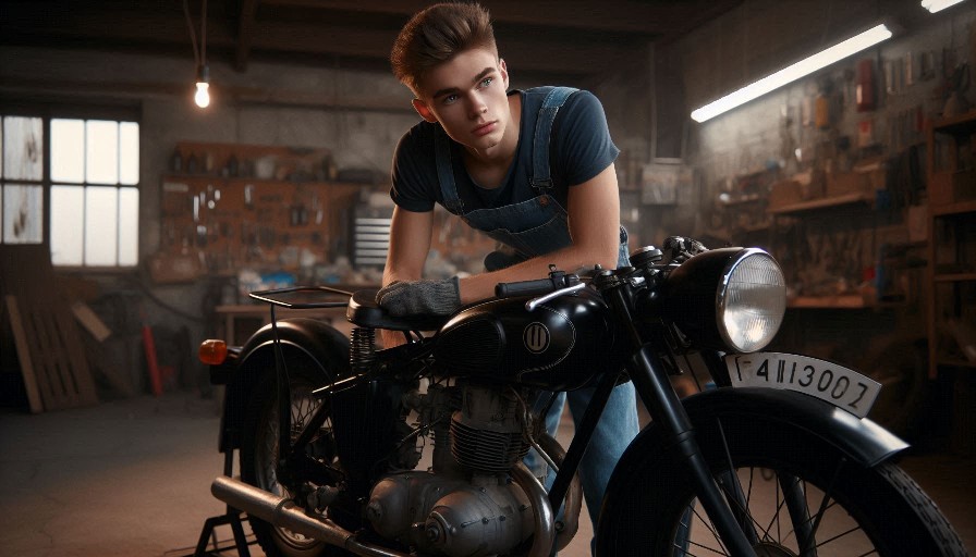 Ein junger Mann in blauer Latzhose steht in einer Garage und repariert ein altes Motorrad. Erstellt mit Microsoft Designer.