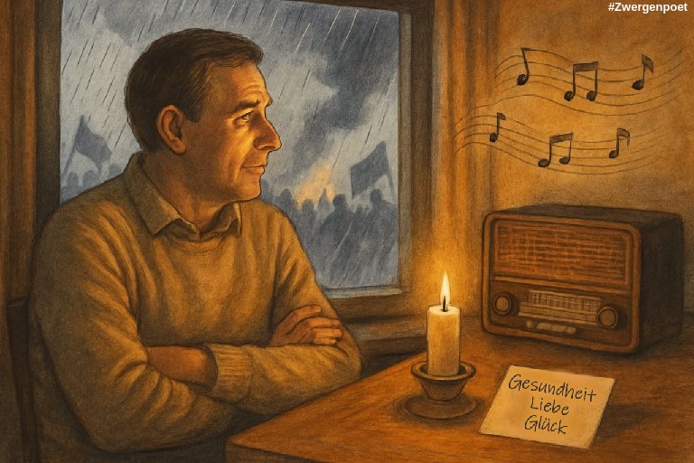 Ein Mann sitzt am Fenster, draußen Regen und Andeutungen von politischem Aufruhr. Drinnen Kerzenlicht, ein Radio auf dem Tisch ein Zettel: ‚Gesundheit – Liebe – Glück‘. Erstellt mit Craiyon.