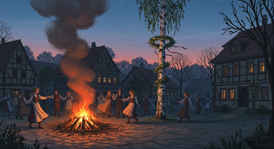 Auf einem romantischen Dorfplatz tanzen die Bürger um das Feuer und den Maibaum herum. Erstellt mit Craiyon.