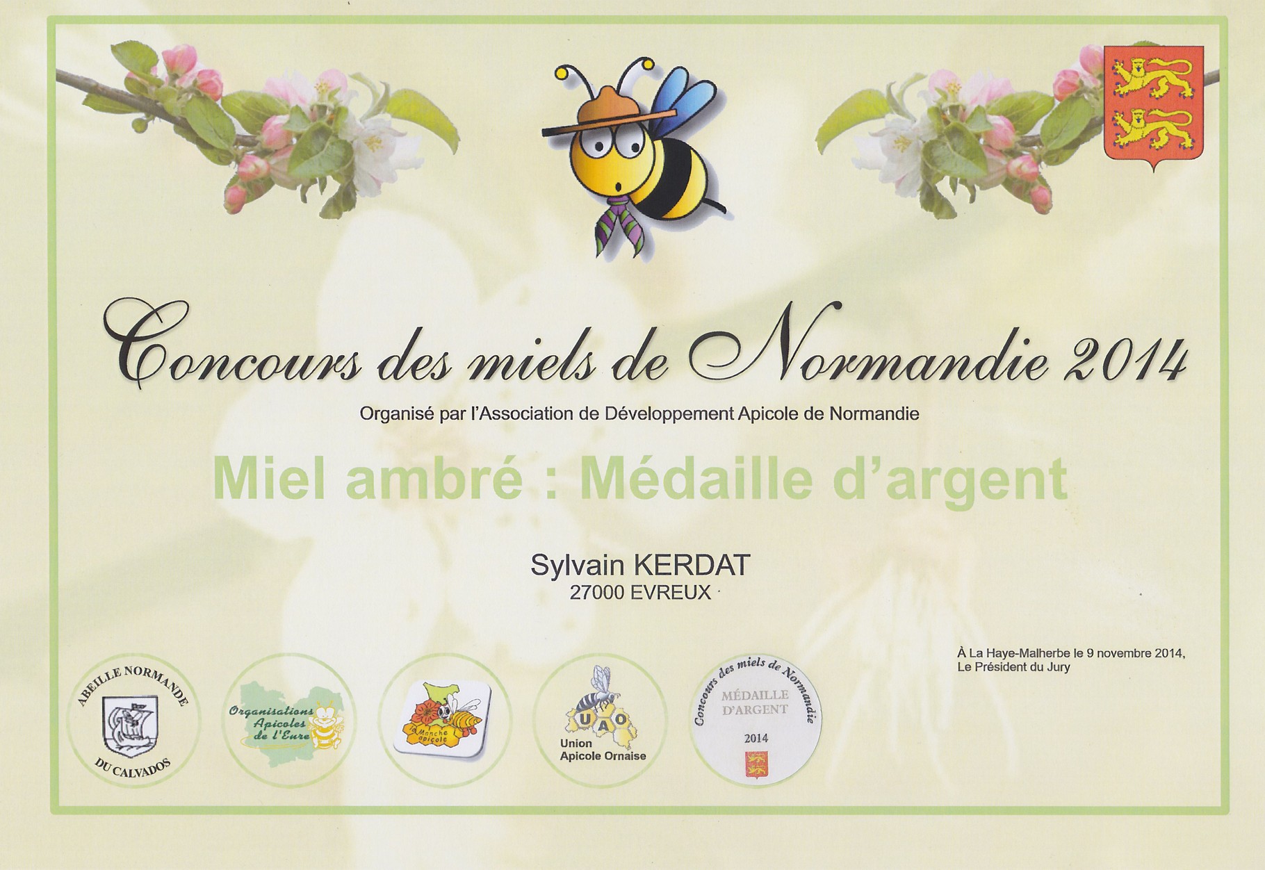 Concours d'épartemental des miels de Normandie    Medaille d'ARGENT 2014