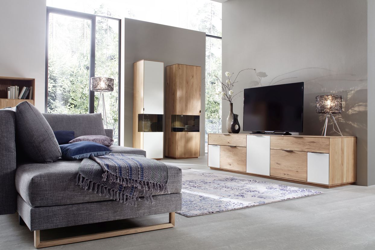 Modernes Wohnzimmer mit einem grauen Sofa und Holzvitrinen. 