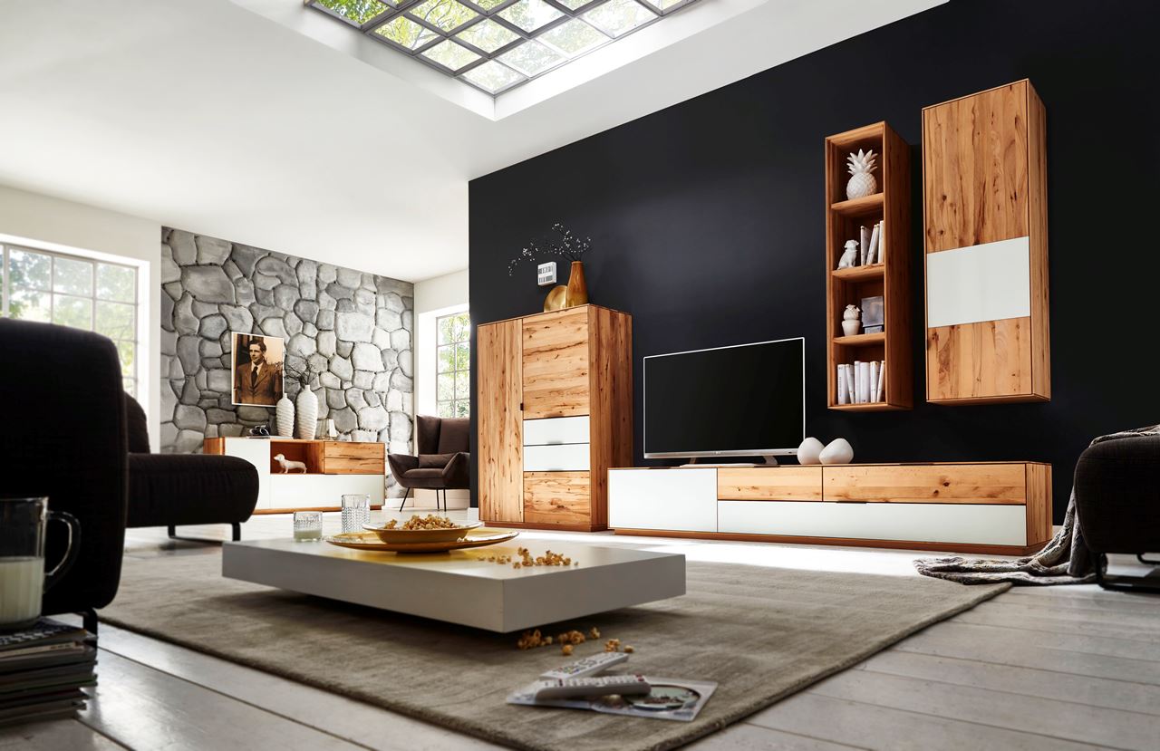 Modernes Wohnzimmer mit dunkler Akzentwand, Holzmöbeln und Steinwand-Akzent.