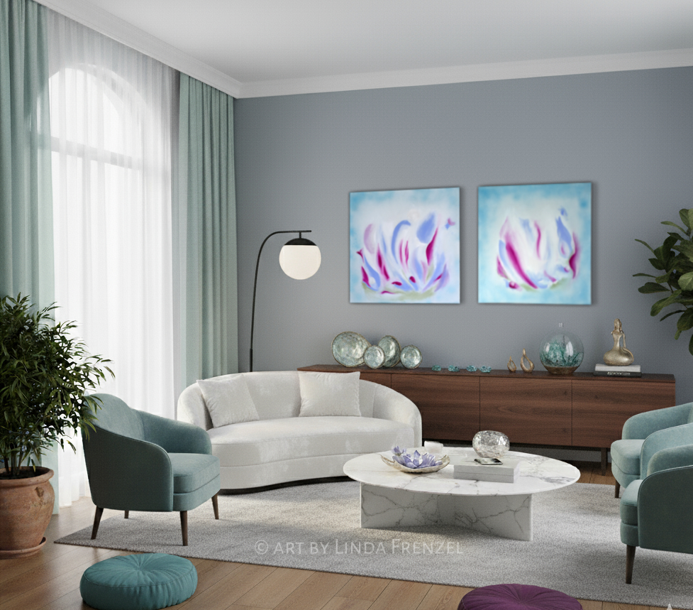 Spirituelle Kunst im Raum, Einrichtung Wohlfühlen Harmonie, Lemuria-Energie, Pink Hellblau Moosgrün, Leinwand, spirituelle Kunst, Linda Frenzel Spirituelle Malerin, Kunst für die Seele, Transformation durch Kunst, Verbindung zu Lemuria aufbauen