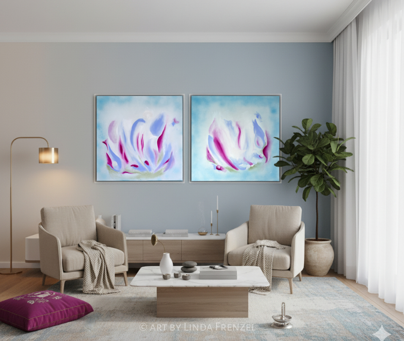 Spirituelle Kunst im Raum, Einrichtung Wohlfühlen Harmonie, Lemuria-Energie, Pink Hellblau Moosgrün, Leinwand, spirituelle Kunst, Linda Frenzel Spirituelle Malerin, Kunst für die Seele, Transformation durch Kunst, Verbindung zu Lemuria aufbauen