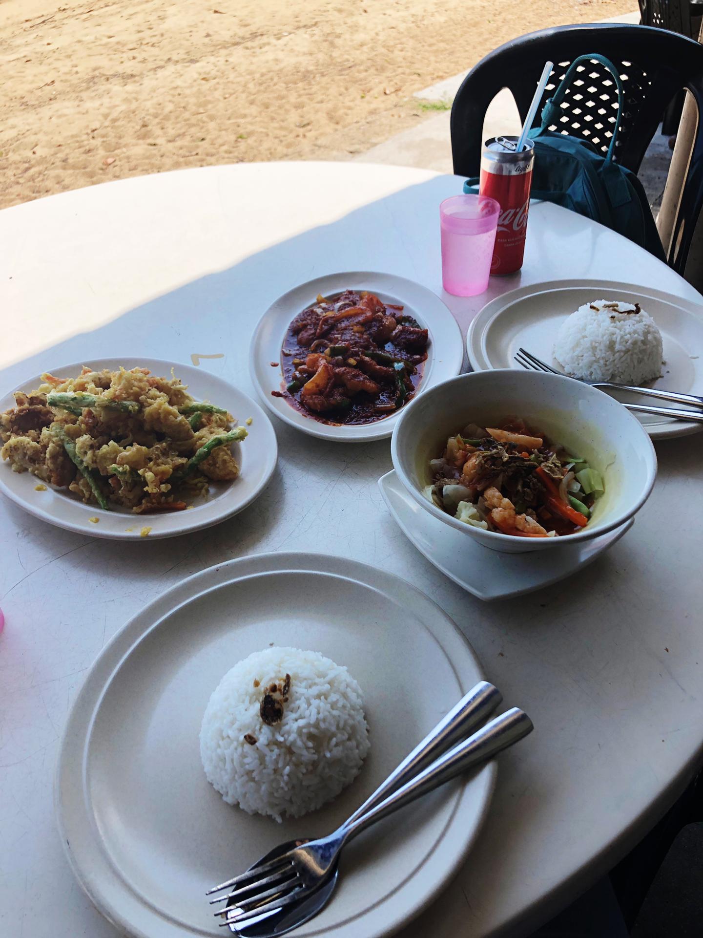 Chicken Fried Curry (Gelb) und Chicken Sambal (oben rechts) mit Gemüse und Reis