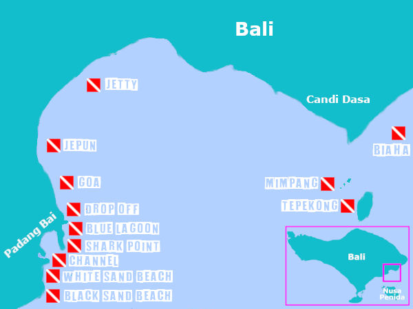 Bali dive sites map from Nusa Penida. blue lagoon, jetty, mimpang,tepekong