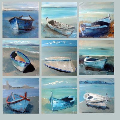 Composition de barques, acryliques sur toile collées sur médium, 100X100, 2016