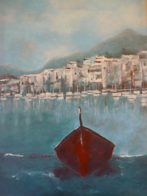 Barque rouge à Port de la Selva, acrylique sur toile, 50X70, 2016
