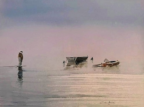 Reflets de pêcheur et de barques 26x36 (2021) *