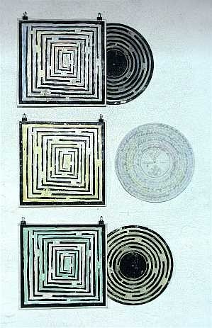 Tonträger - 2003, Linoldruck, Wasserfarben, Bleistift auf Vinylschallplatten und Schallplattenhüllen