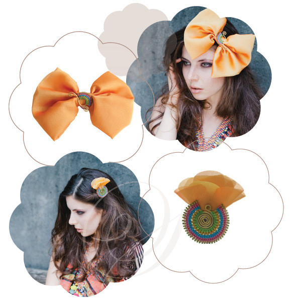 Große Schleife und Haarclip in Orange mit einer raffinierten Ethno Tribal Brosche als Blickfang. Ein Must Have 2015.