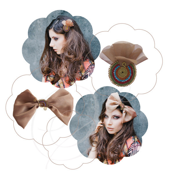 Große Schleife und Haarclip in Bronze mit einer raffinierten Ethno Tribal Brosche als Blickfang. Ein Must Have 2015.