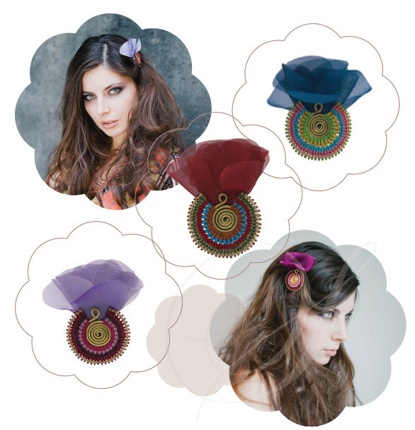 Haarclip in Lila, Magenta, Blau und Schwarz - aus fließenden, zarten Blüten veredelt mit einer Ethnic Tribal Brosche als Blickfang. Ein Must Have 2015.