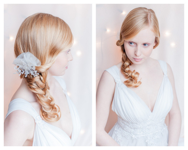 Headpiece aus Spitze die mit zarte Blüten aus Seidenorganza veredelt ist für die Braut in Weiß oder Standesamt.
